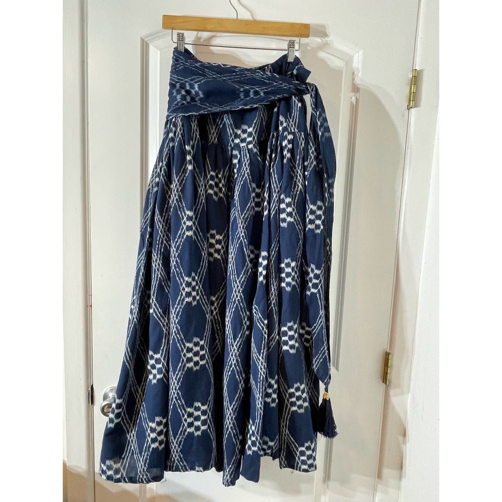 Navy Blue Patterned Wrap Maxi Skirt
